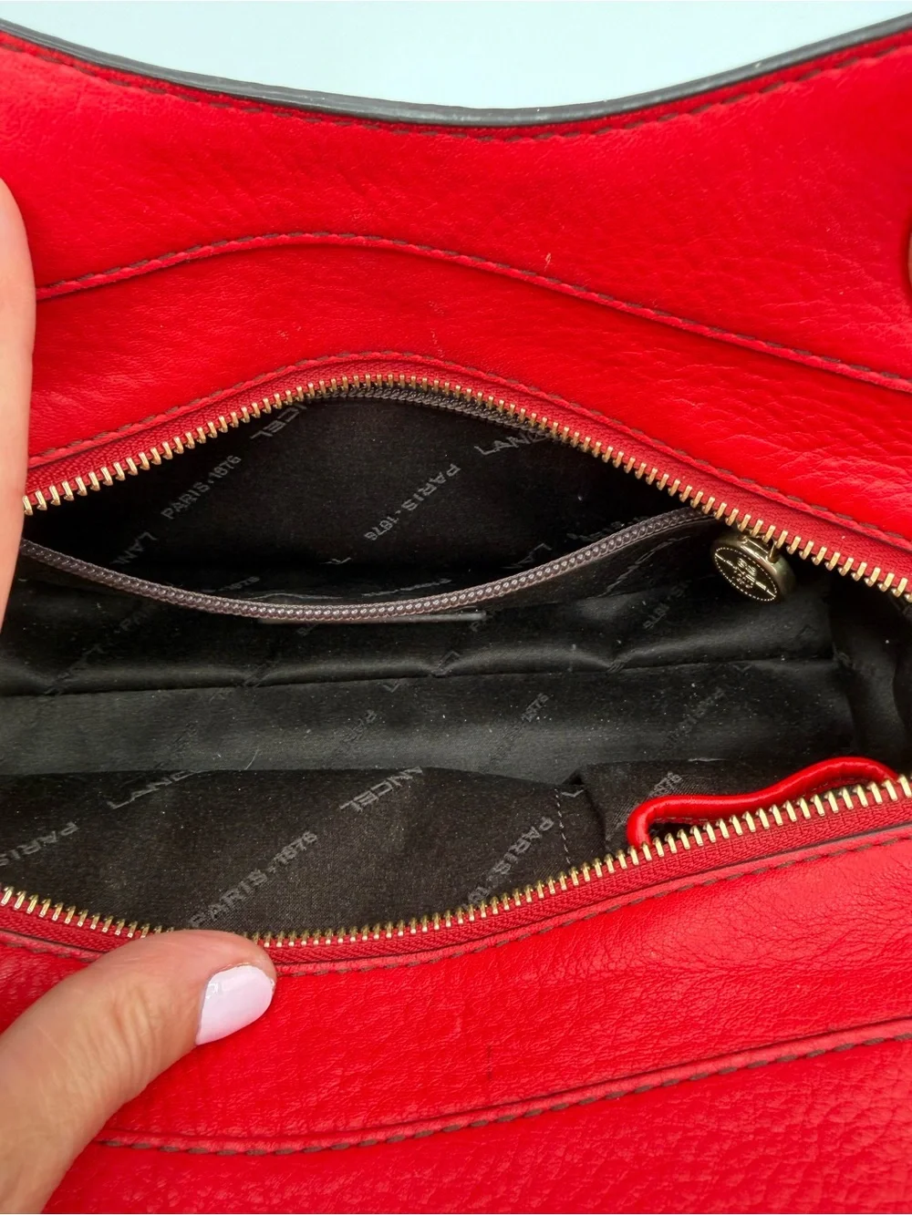 Lancel Paris Red Pebbled Leather Chain Bag Y2K Slouchy Shoulder Hobo - vintage